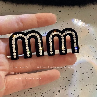925 silver needle flannel rhinestone letter m earrings autumn and winter earrings personality retro exaggerated flocking