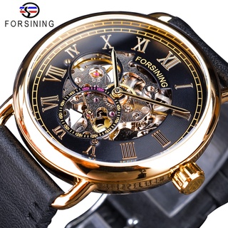 Forsining Classic Black Golden Openwork Watches Skeleton Mens Mechanical Wristwatches Top Brand Luxury Black Genuine Lea