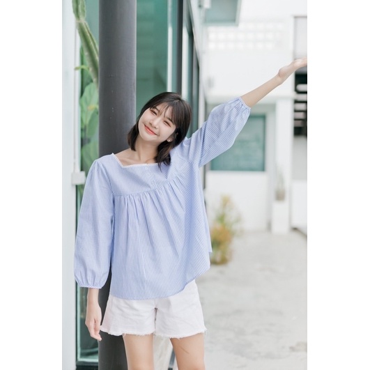 Numsha Brand เสื้อคอคางหมูลายทางแขนยาว / NB21031 | Shopee Thailand
