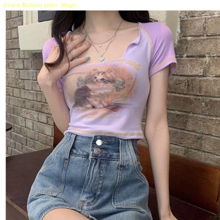 🌰การจัดส่งที่รวดเร็ว🌰เสื้อยืดแขนสั้นพิมพ์ลายคอสี่เหลี่ยมผู้หญิงสีตัดกันใหม่