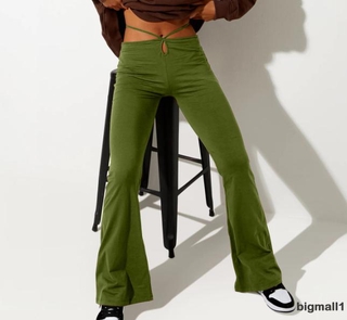 Bigmall กางเกงเอวสูงแบบผูกเชือกแฟชั่นสตรี