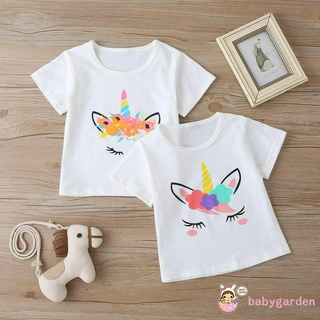 Babygarden - Fashion เสื้อยืดแขนสั้นลายยูนิคอร์นสีขาวสําหรับเด็กผู้หญิง