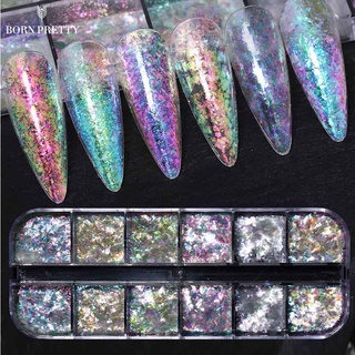 Born PRETTY เกล็ดออโรร่า กลิตเตอร์เลื่อม สีสันสดใส สําหรับตกแต่งเล็บ 12 ช่อง