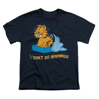 เสื้อยืดผ้าฝ้ายพิมพ์ลายขายดี เสื้อยืดแขนสั้นลําลอง พิมพ์ลายการ์ตูน Garfield I DonT Do Morningp R สีดํา เข้ากับทุกการแต่