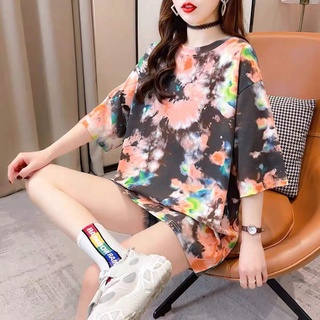 เสื้อยืดแขนสั้นผู้หญิงฤดูร้อนเวอร์ชั่นเกาหลีของใหม่หลวมขนาดใหญ่กลางความยาวพิมพ์ bottoming top