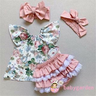 เสื้อแขนกุดลายดอกไม้+กางเกงขาสั้น pp+ที่คาดผมสําหรับเด็กทารกผู้หญิง