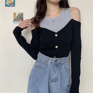 พร้อมส่ง🔥 เสื้อเชิ้ตผ้าถักเปิดไหล่สไตล์เกาหลี เสื้อเชิ้ตแขนยาวทรงสลิมฟิต ผ้าหนา