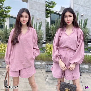 TW16027 Set 2 ชิ้น เสื้อคอจีน แขนยาว + กางเกงขาสั้นกระดุมซิปหน้า สม็อคยางยืดด้านหลัง มีกระเป๋าล้วงข้าง เนื้อผ้าคอตตอล