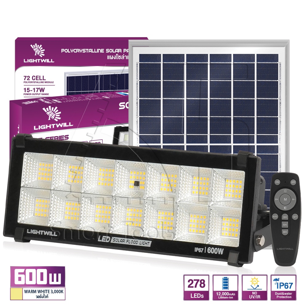 LIGHTWILL ไฟโซล่าเซลล์ ไฟสปอร์ตไลท์ 600W สีขาว (DayLight) / วอร์มไวท์ ...