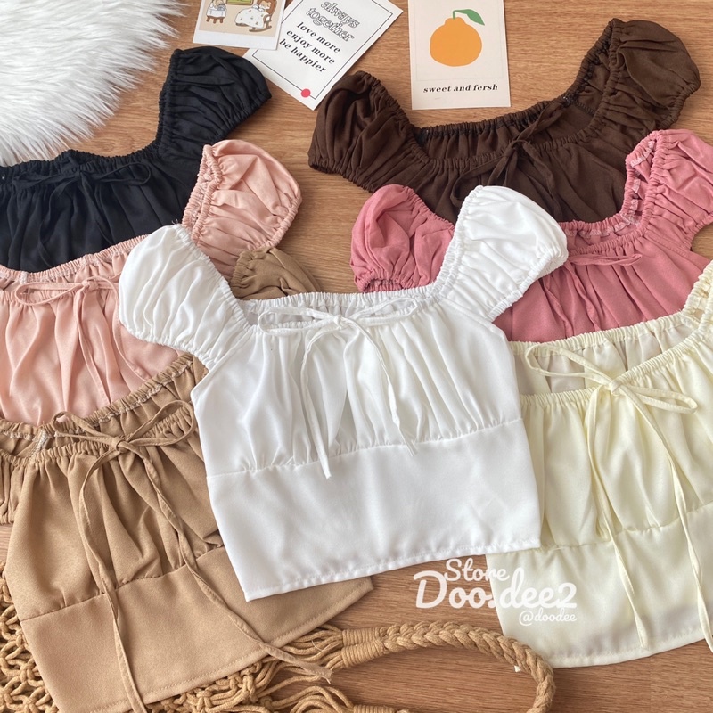doodee2-เสื้อครอป-แขนจับจีบ-ผูกโบว์หน้า