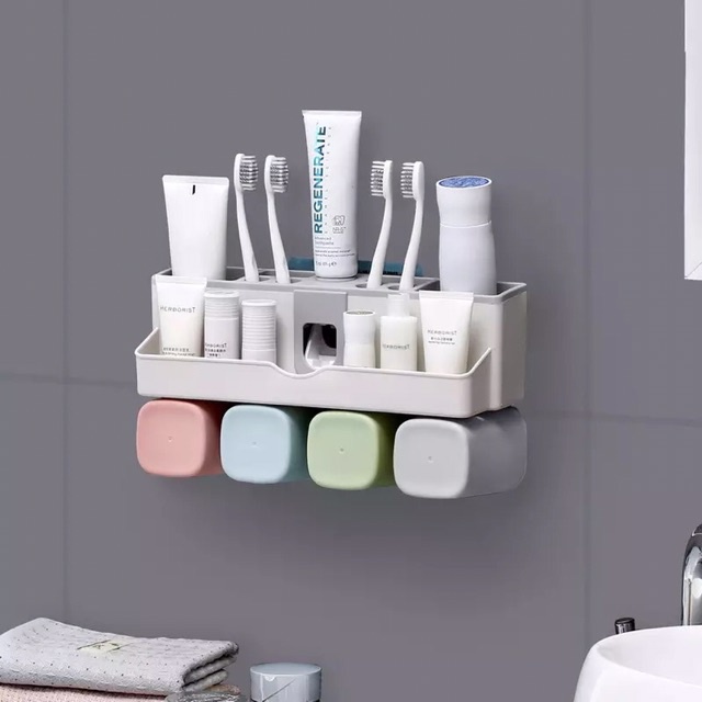 ห้องน้ำ-ที่ใส่แปรงสีฟัน-ชั้นวางแปรงสีฟัน-ที่บีบยาสีฟัน-ไม่ต้องเจาะผนัง-พร้อมแก้วน้ำ-มีชั้นวางของ-ถูกที่สุด