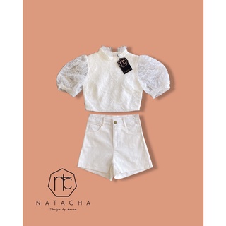 NATACHA Set  เสื้อคอกลมผ้าลูกไม้คอจีบแขนพองง แมตกางเกงยีนขาสั้น  งานใส่แล้วน่ารักมากกเลยจ้าาา