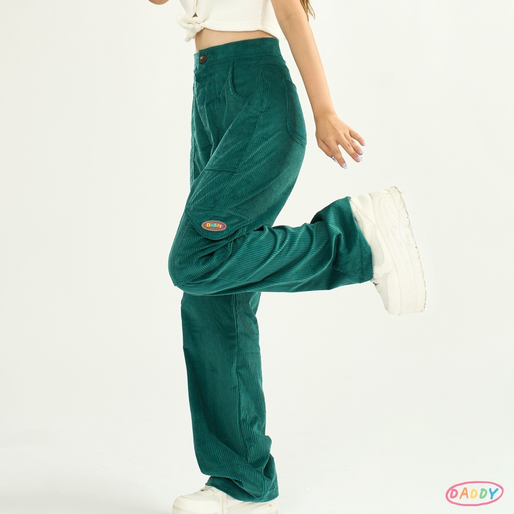 daddy-cargo-pants-emerald-กางเกงทรงคาโก้เอวสูง-ขายาว-ผ้าลูกฟูก-สุดเท่-สีเขียว