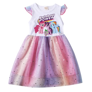 มาใหม่ ชุดเดรสสั้น ปักเลื่อม ลายการ์ตูน My Little Pony สีรุ้ง สําหรับเด็กผู้หญิง เหมาะกับงานปาร์ตี้