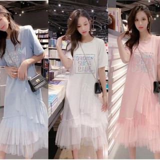 เสื้อยืดแฟชั่นผู้หญิงผ้าคอตตอน เสื้อแขนสั้นตัวยาว ลูกไม้ ลายขวาง ไซส์ใหญ่ เสื้อลายภาษาอังกฤษ#555#