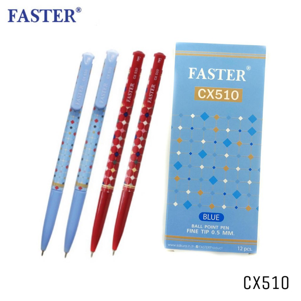 โฉมใหม่-ด้ามสีฟ้าไฉไลกว่าเดิมม-faster-ball-point-pen-cx510-ปากกาลูกลื่นฟาสเตอร์-บรรจุ-12-ด้าม-กล่อง