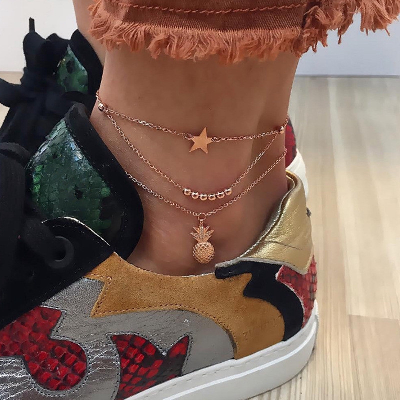 ภาพหน้าปกสินค้าTrendy Bohemian Star Pineapple Anklet for Women Punk Metal Chain Summer Beach Beads Anklets Female Barefoot Leg Chain Jewelry