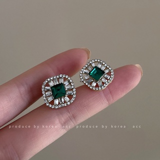 925 silver needle green diamond square earrings Korean hollow design earrings simple temperament fresh earrings for girl