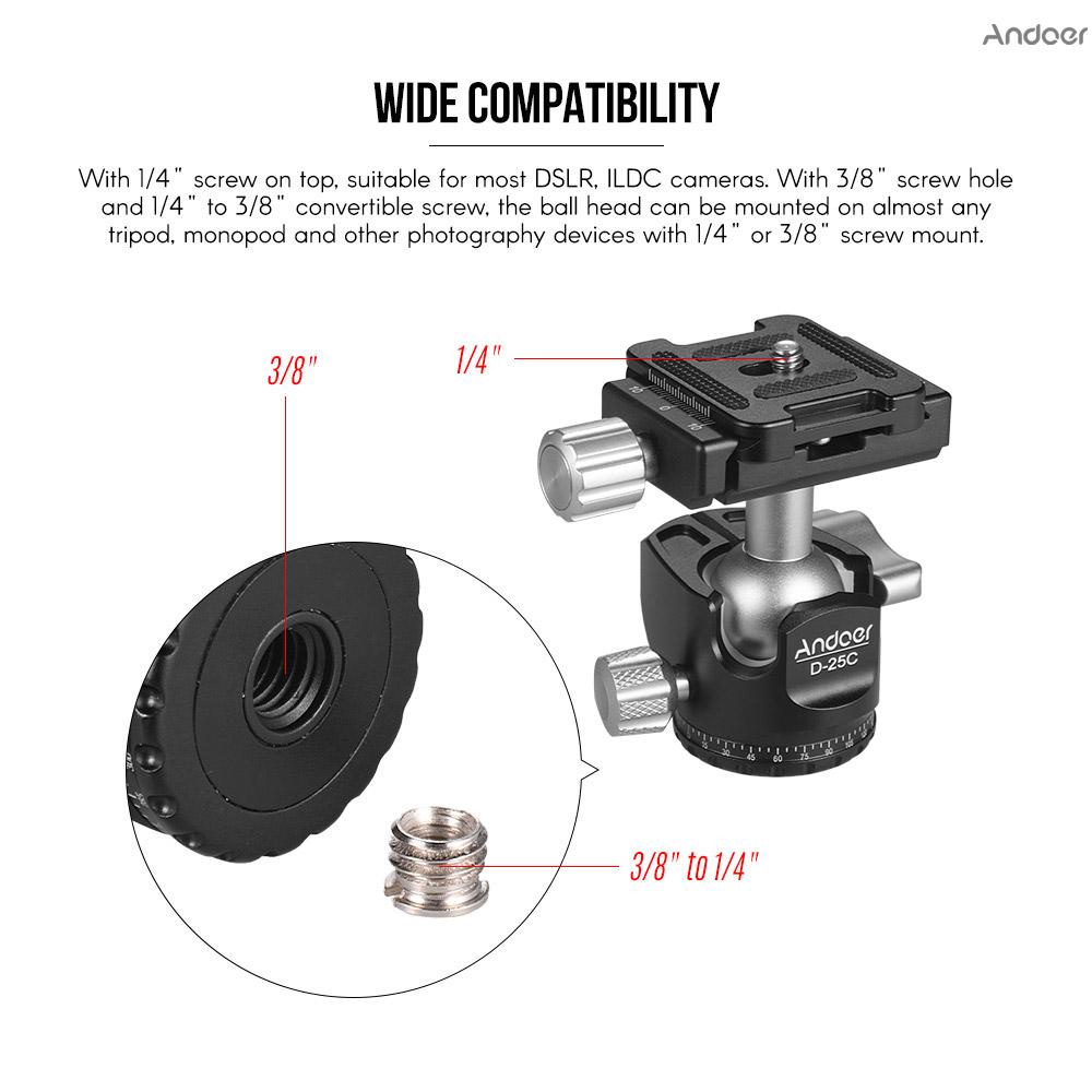 andoer-d-25c-cnc-หัวบอลอลูมิเนียมอัลลอยด์-หัวบอลคู่-ศูนย์ถ่วงต่ํา-สําหรับขาตั้งกล้อง-manfrotto-tripod-monopod-สําหรับกล้อง-dslr-ildc-รับน้ําหนักได้เต็มที่-10-กก