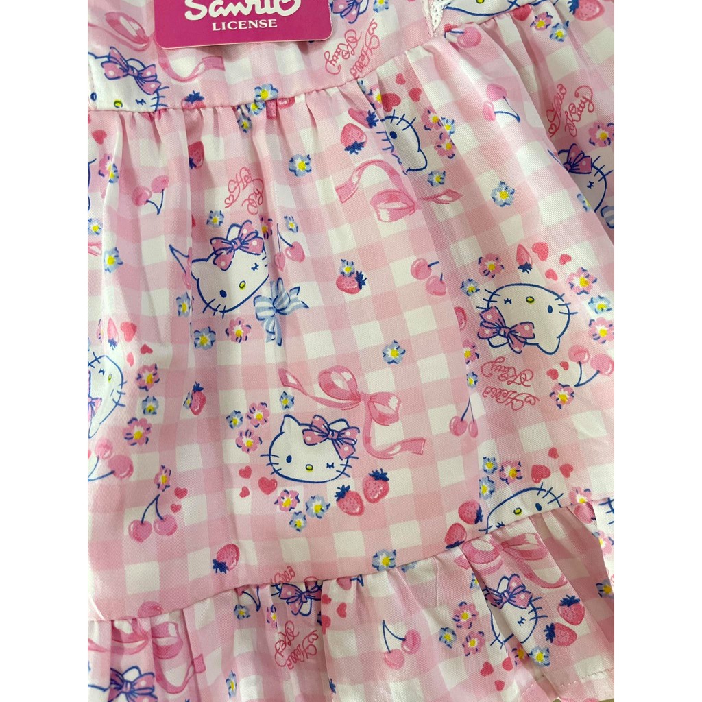 ชุดเด็ก-เดรส-sanrio-คิตตี้สีชมพูสก็อตลายสตอเบอร์รี่-หมวก