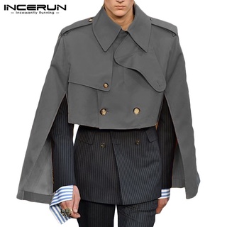 สินค้า INCERUN Men Irregular Style Fashion Design Split Long Sleeve Capes Lapel Crop Coat