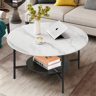 โต๊ะวางข้างทรงกลม โต๊ะหินอ่อน พร้อมส่ง 32" Large Italian Real Marble Coffee Table 2 Tier Round Center Table Living Room