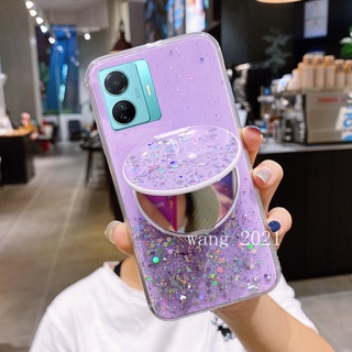 New Phone Case VIVO Y02s Y77 Y30 5G 2022 เคส Casing Star Sequins with Makeup Mirror Holder Stand Glitter TPU Soft Case เคสโทรศัพท์