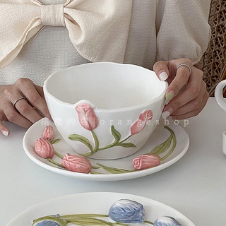 Ins Style Influencer ชุดจานชามเซรามิค ลายดอกทิวลิป ลายนูน ของใช้ในครัวเรือน สําหรับใส่ซุป สลัด ผลไม้