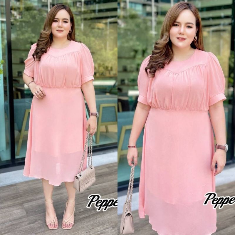 เดรสสาวอวบ-มี-3-สี-ไซส์-3xl-6xl-เดรสผ้าชีฟอง-ผ้าพริ้วไหวสวยๆ-สไตล์สาวเกาหลี-นางแบบใส่งานจริง