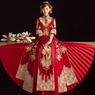 👗💥Hot sale🍀Xiuhe เสื้อผ้า 2022 ใหม่ชุดแต่งงานเจ้าสาวชุดแต่งงานจีนขนมปังปิ้งมังกรและฟีนิกซ์ชุดหญิงแสดงและ