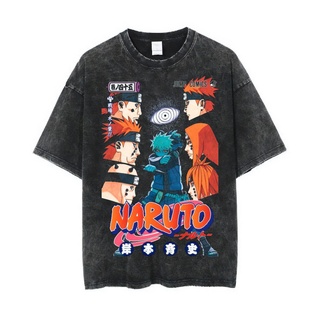 ROUND คอลูกเรือเสื้อยืดผ้าฝ้ายเสื้อยืด ขนาดใหญ่ พิมพ์ลาย Psycho Crucify Naruto VS Pain | หินล้างทําความสะอาด | นารูโตะ |