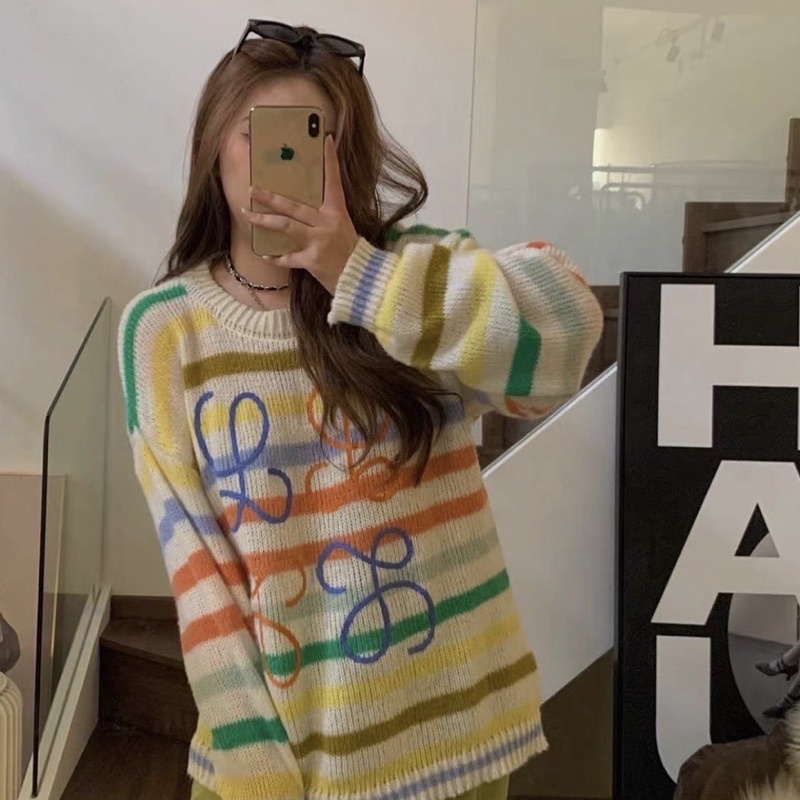 พร้อมส่ง-lw-sweater-สเวตเตอร์-ไหมพรม-กันหนาว-เสื้อแขนยาวไหมพรม-งานถัก-ทั้งตัว-สีสัน-สีรุ้ง-สุดฮิต-ต้องมีติดตู้นะคะ