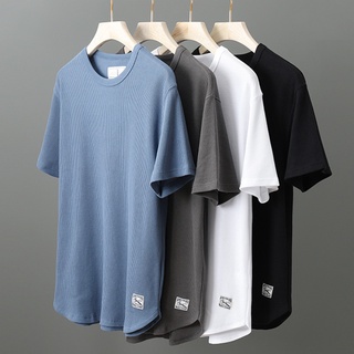 Aluminium เสื้อยืดแขนสั้น พิมพ์ลายวาฟเฟิล สีพื้น เข้ากับทุกการแต่งกาย แฟชั่นคู่รัก สไตล์เกาหลี สําหรับผู้ชาย
