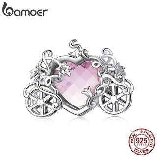 bamoer Shining Magic carriage 925 Sterling silver Pink Heart Glass Crystal Charm fit  Jewelry Bracelet Chain Necklace BSC412