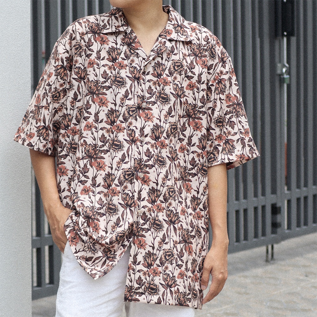 airtoearth-hawaii-shirt-linen-cotton-เสื้อเชิ้ตผ้าลินิน-ลายดอกไม้สีเอิร์ธโทน