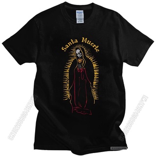 เสื้อยืดอินเทรนด์ผู้ชายอินเทรนด์ผู้หญิงเสื้อยืดผ้าฝ้าย 100% พิมพ์ลายหัวกะโหลก Gothic Santa Muerte Saint Mexican สําหรับผ
