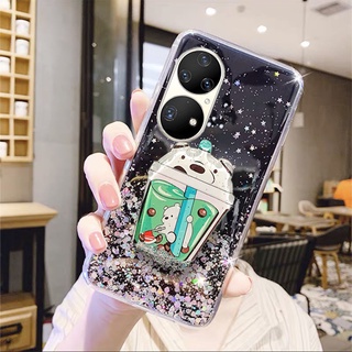 New เคส Huawei P50 Pro Nova 9 Pro 8i 8 7 7i 7se Y7A 5G Case Clear Bling Glitter Back Cover Cute Cartoon Bears Design Quicksand Bracket Casing With Stand Holder Phone Cell Case เคสโทรศัพท์ Hua wei P50Pro Nova9 Nova8i Honor50