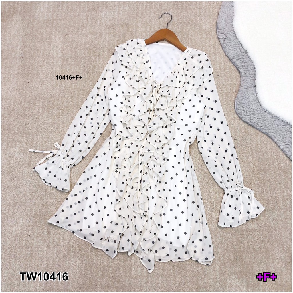 tw10416-dress-เดรสชีฟองลายจุดแขนยาว-ปลายแขนแต่งทรงระฆัง-อกระบายสานเชือกผูก-มีซับใน