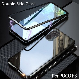สินค้า เคสโทรศัพท์แข็งแม่เหล็กฝาพับเคสโทรศัพท์กันกระแทกสําหรับ Xiaomi Poco F3 M3 X3 NFC Pro F1 X3Pro X3NFC Magnetic Phone Case Double Side Tempered Glass Magnet Metal Flip Cover Hard Front And Back 360 Protection Casing