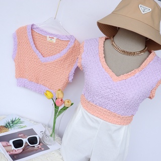 พร้อมส่ง crop top ผ้ายับ แต่งทูโทนน่ารักกกกก