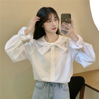 🔥Ready stock！ เสื้อเชิ้ตสีขาวหญิง 2020 ฤดูใบไม้ร่วงนักเรียนเกาหลีหลวมและบางแขนยาวโบว์ฮอร์นแขนตุ๊กตาด้านบน