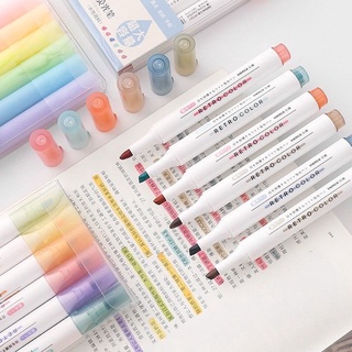 สินค้า ปากกาไฮไลท์ หัวอ่อน ชุด ปากกาเน้นข้อความ 6สี สไตล์เรโทร ปากกาเน้นคำ ปากกามาร์กเกอร์เรืองแสง