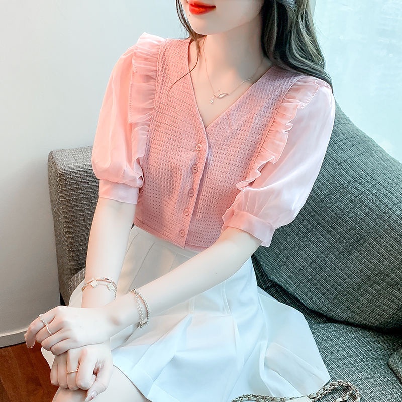 สื้อผ้าแฟชั่นผู้หญิง เสื้อเชิ๊ต แขนสั้น คอวี ทรงหลวม สไตล์เกาหลี หอม ...