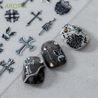 Aroma สติกเกอร์ติดเล็บ ลายกางเขน สีดํา สีขาว สไตล์พังก์ DIY