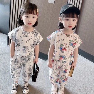 🌟Suit🌟ชุดเด็กผู้หญิง เทรนด์แฟชั่นใหม่สำหรับเด็กผู้หญิง 2 ชิ้นเสื้อผ้าลำลองพิมพ์ลายเกาหลี