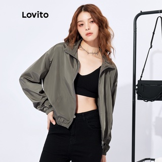 สินค้า Lovito เสื้อแจ็กเก็ตลําลอง มีซิป สีเขียวทหาร สไตล์เกาหลี สําหรับผู้ชาย และผู้หญิง L32FW089
