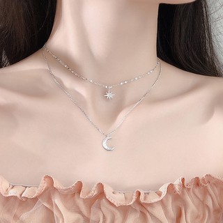 S925 pure silver star moon double layer Necklace simple sexy collarbone chain girl student jewelry gift