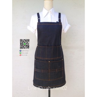 พร้อมส่ง ⚡ ผ้ากันเปื้อนยีนส์สีเข้ม กระเป๋าหลายช่อง ตัดผมวินเทจ Black Jens Apron สายไขว้หลัง