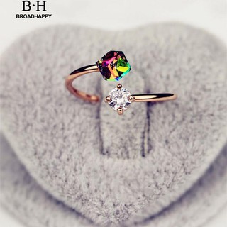 💘broadhappy💍แฟชั่นผู้หญิง Multicolor Rhinestone หมั้นแหวนเปิด แหวนเกลี้ยง