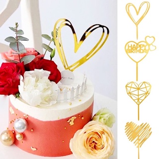 ท็อปเปอร์อะคริลิค รูปหัวใจ สีทอง ใช้ซ้ําได้ สําหรับตกแต่งเค้กวันเกิด งานแต่งงาน คัพเค้ก ขนมหวาน